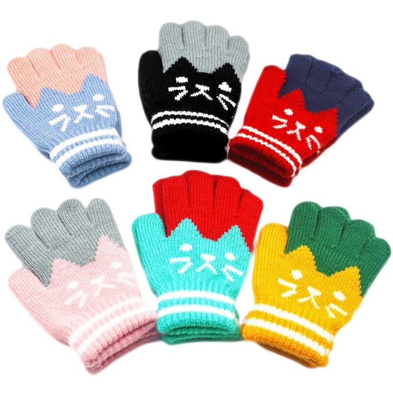 Wecute Kinderen Winter Warme Handschoenen Voor 4-10years Kids Cartoon Kat Handschoenen Vijf Vinger Kasjmier Gebreide Handschoenen Soft Fietsen