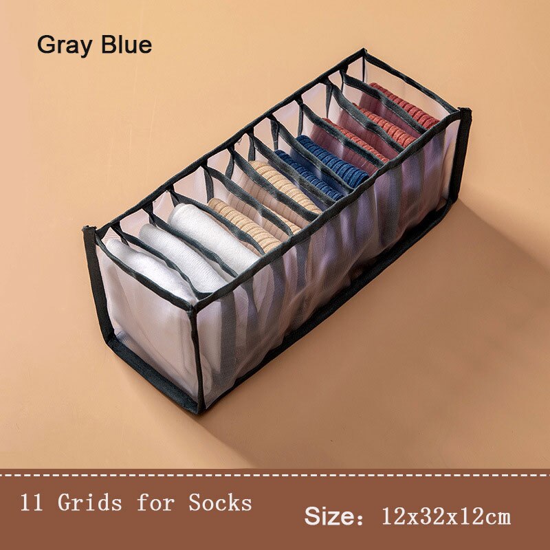 Organizador de armarios para calcetines, caja de almacenamiento de ropa interior separada, organizador de sujetador, cajas de cajones para dormitorio, 6/7/11 rejillas: 11 Grids-Gray Blue