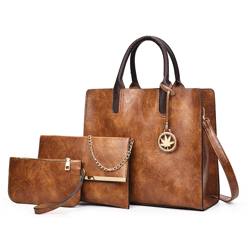Herold Frauen Taschen einstellen 3 Stck Große lässig Tote Taschen Leder Weibliche Schulter Tasche Damen Handtasche + Umhängetasche + geldbörse Sack: Braun