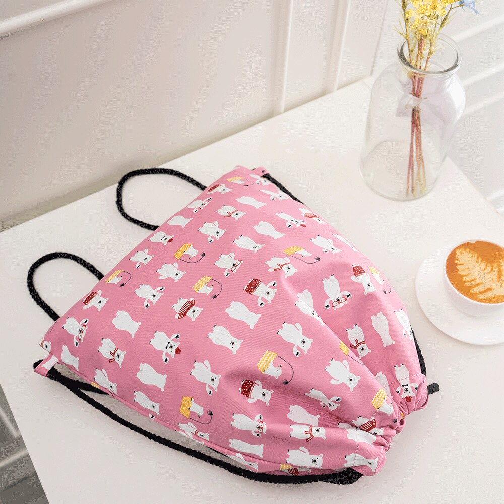 Dames kleine canvas rugzak met trekkoord, waterdichte schouderband, tassen voor meisjes, witte beer, blauwe polyester rugzak met koord: Roze beer