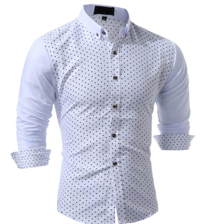 Vogue Brand Nice Male Shirt Long-Sleeves Tops Splicing Small Mushrooms Mens Dress Shirts Slim Men Shirt 2XL: white / L