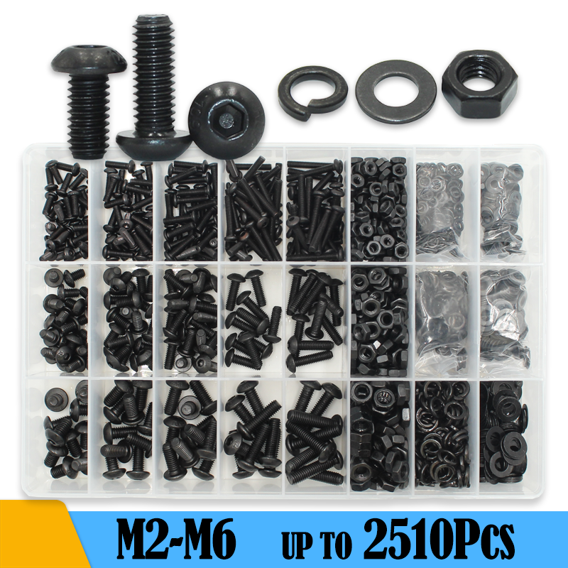 Vis à capuchon hexagonal rond 2510p M2 M2.5 M3 M4 M6 Grade10.9, tête de bouton ronde, vis d'entraînement Allen, kit de rondelles d'écrou à boulon ISO7380