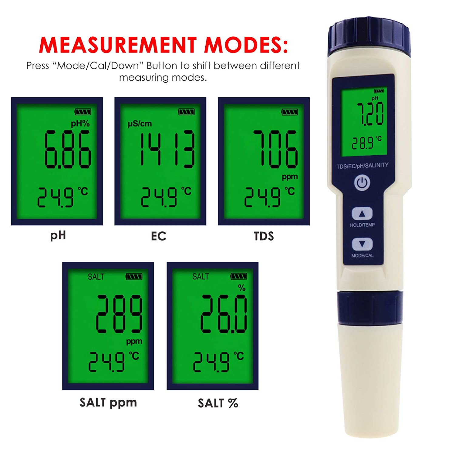 3/4/5/7 In 1 7 In 1 Ph/Tds/Ec/Orp/Zoutgehalte/S. G/Temperatuur Meter C-600 Water Quality Tester Voor Drinkwater, Aquaria