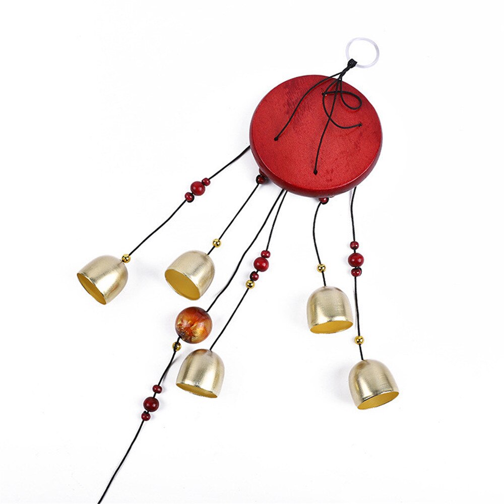 1pc massivt trä vind chimes mahogny rund platta 5 koppar klockor trä ornament dörr hängande innergård balkong hängande