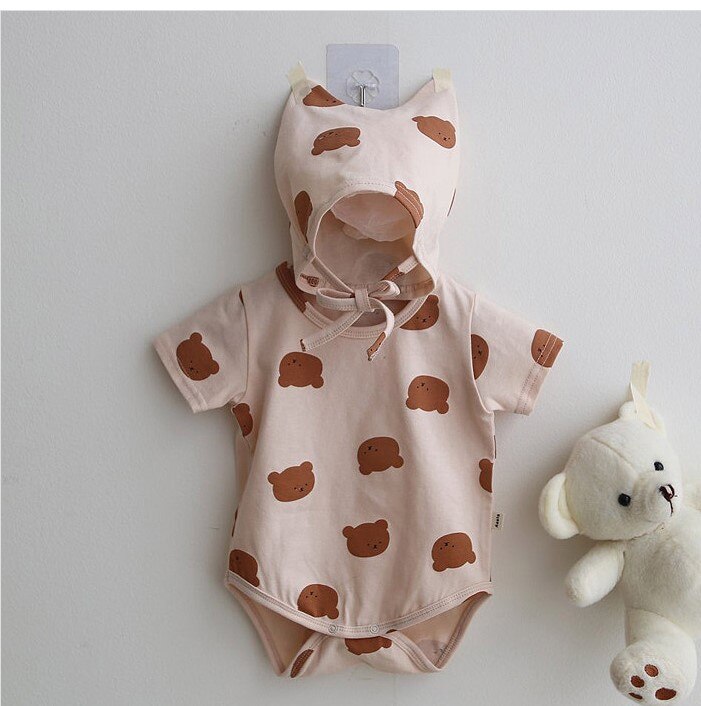 sommer eins Koreanische Baby einstellen Karikatur Tragen Jungen Mädchen Strampler + Hütte 2 stücke Baumwolle freundlicher Kleidung Neugeborenen Karosserie: sahne / 6m