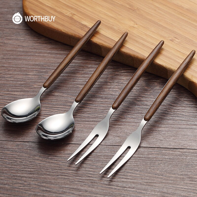 WORTHBUY 2 Pcs/Set Fruit Fork Spoon Set 304 Stainless Steel Salad Fruit Fork Dessert Spoon Bento Food Picks Kichen Accessories
