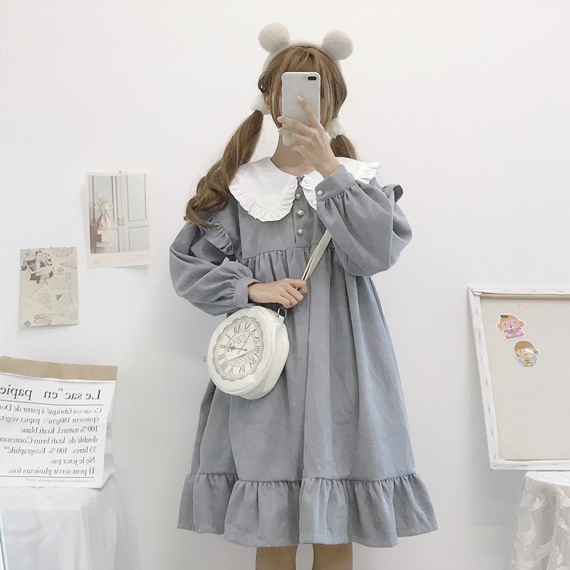 Lolita-robe quotidienne japonaise Kawaii, tenue quotidienne, col de poupée, manches longues ample, à volants, style rétro, automne hiver