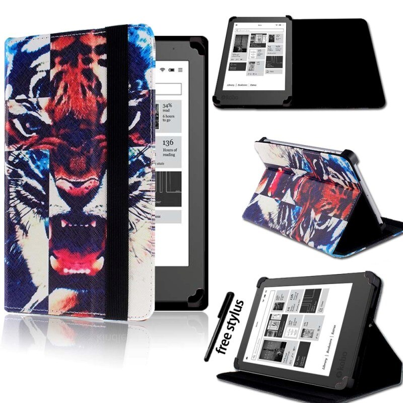 KK&LL para Kobo Glo HD, Kobo Touch 6 "/Touch 2,0 ) Kindle Tablet-cuero Tablet Folio funda inteligente + Stylus: Tiger