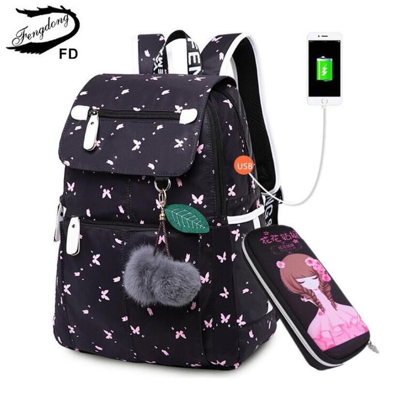 Fengdong-mochila escolar floral para niños, mochilas de escuela para niñas, estudiantes y niñas, pluma bonita, Juego de lápices: butterfly