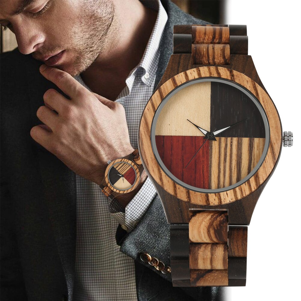 4 Splice Kleur Wijzerplaat Volledige Houten Horloge Mannelijke Vouwsluiting Quartz Hout Horloge Bangle reloj masculino