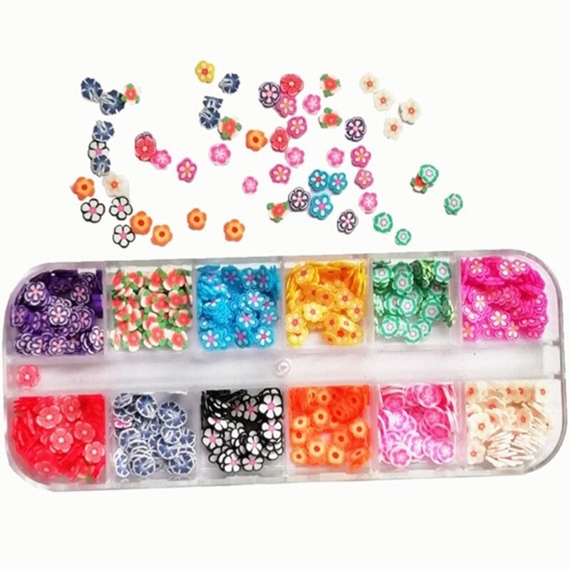 3d nail art tilbehør blandede blomster frugt skåret ler diy negle dekoration neglesmykker 12 gitter/æske