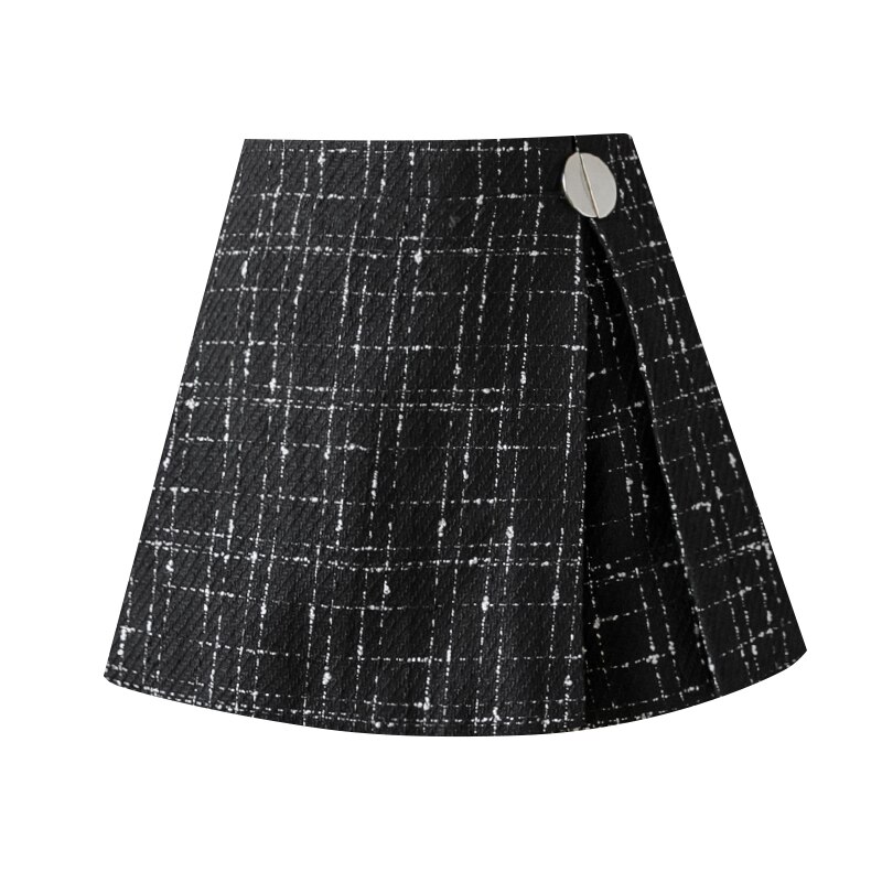Tweed rutiga shorts kvinnor hög midja lösa koreanska shorts kjol höst vinter smala breda benbottnar oregelbundna kvinna shorts: L