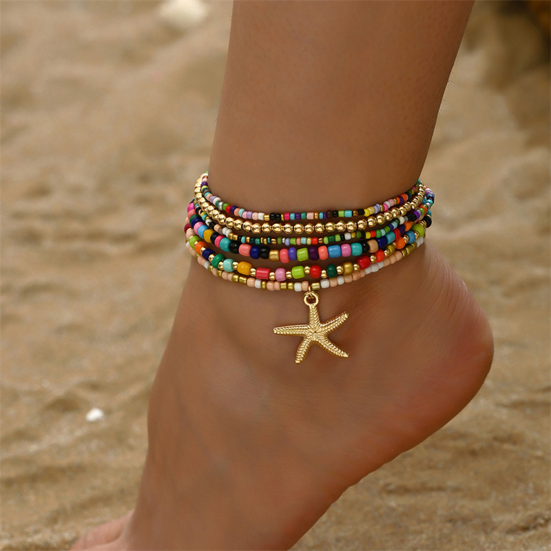 Tobillera bohemia multicapa con cuentas de arroz para mujer, tobilleras con colgante de estrella de mar a la , cadena de tobillo de playa de arena para verano, joyería en la pierna: Rojo
