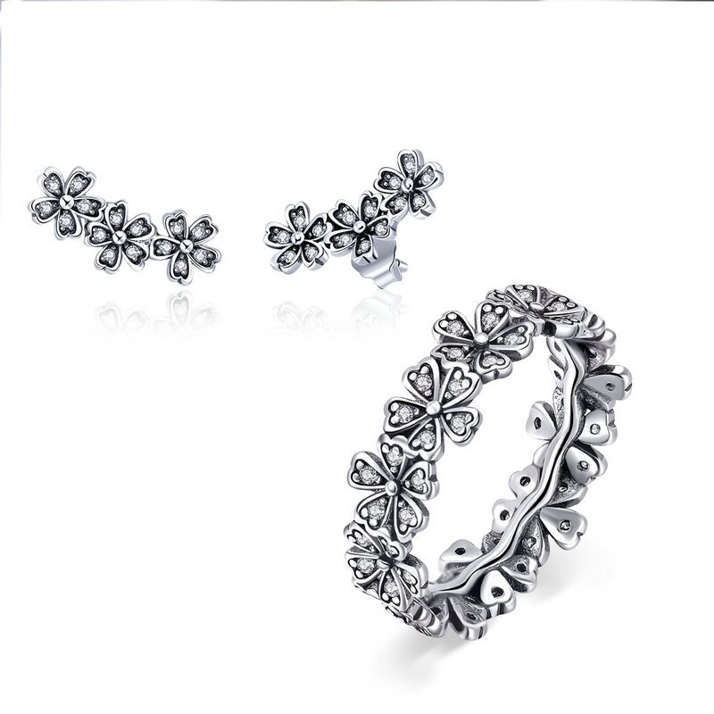 BISAER 925 Sterling Silver Jewelry Sets Daisy Flower Wedding Bride Bridal Jewelry Set Sterling Silver 925 Jewelry Anel Collar: 1 / 6