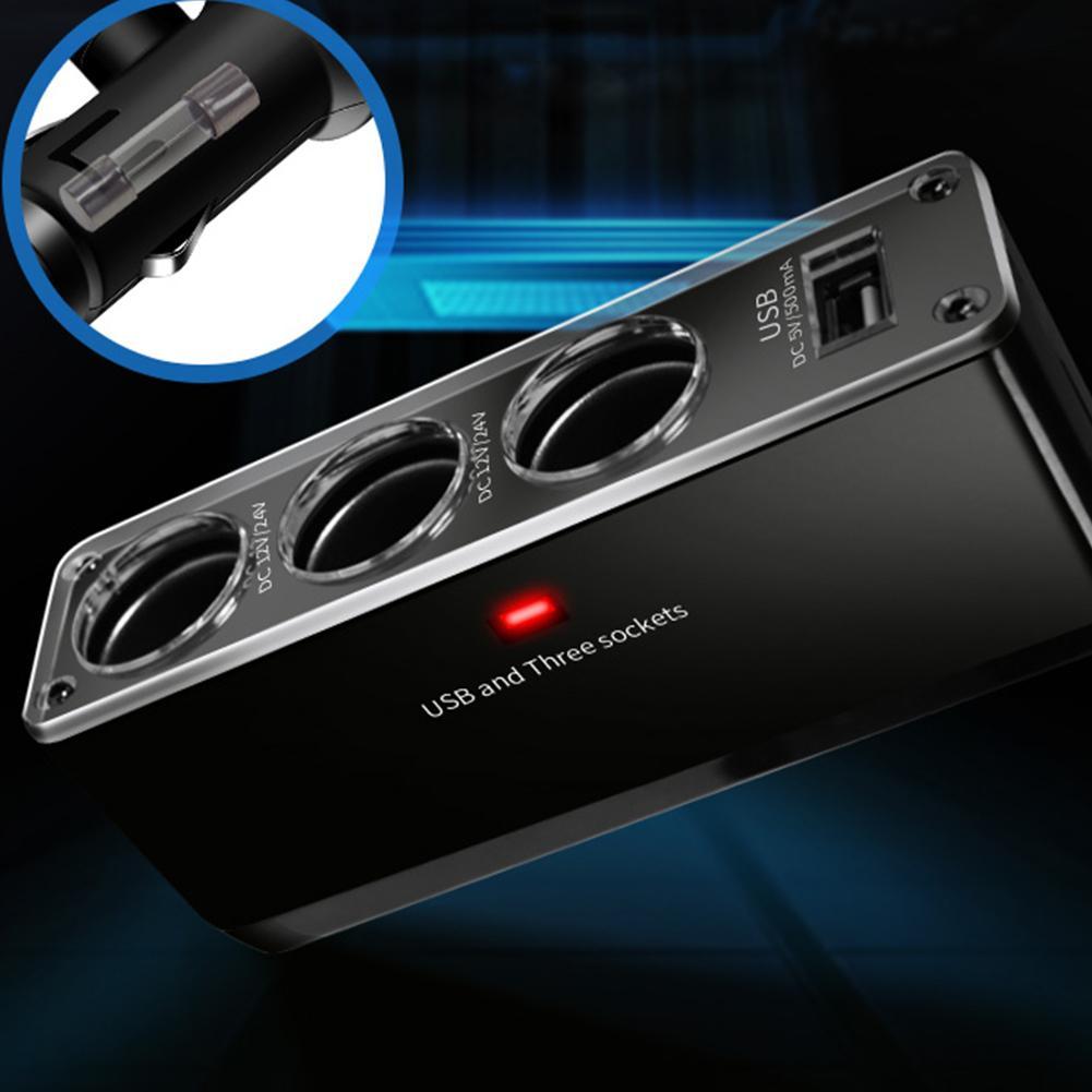 1 divisor de enchufe de encendedor de coche de tres vías 12V/24V con adaptador de cargador con puerto Usb negro