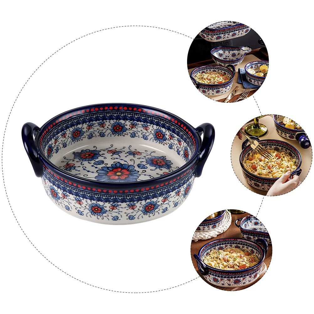 Baked Rice Serving Bowl Double Handle Ceramic Bakeware Condiment Mixing Bowl