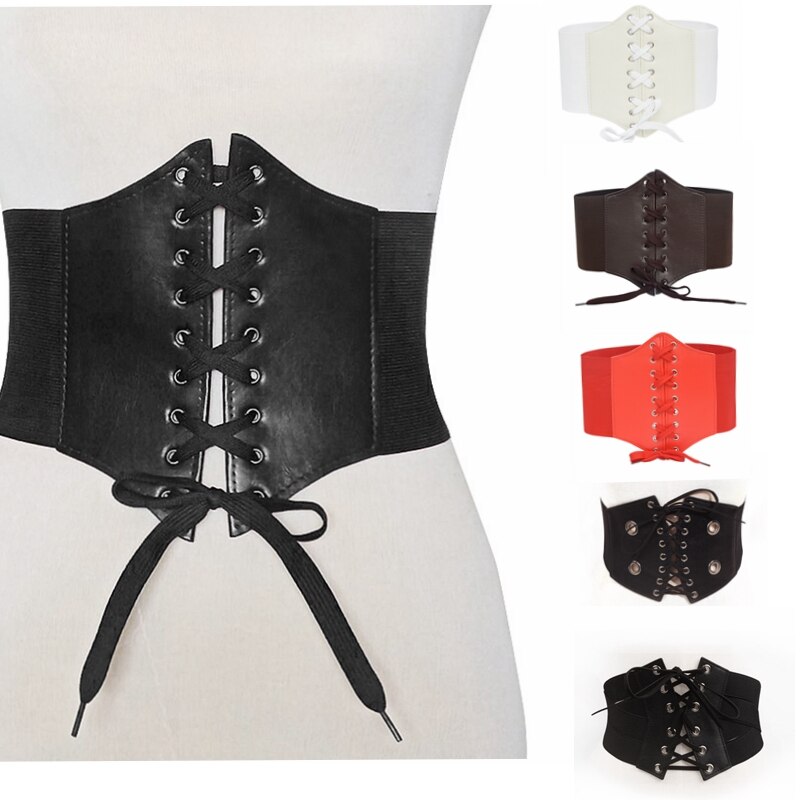 Elastische stretch brede band korset tailleband voor dames, zwart met vetersluiting