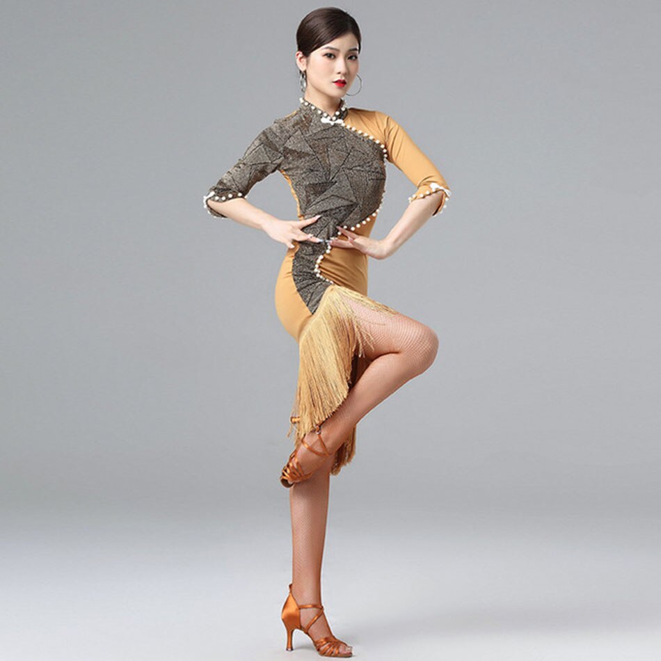 nueva 7014 de retales con borlas falsa perla de línea vestido de baile latino para mujer actuación de baile de salón de baile Samba Tango