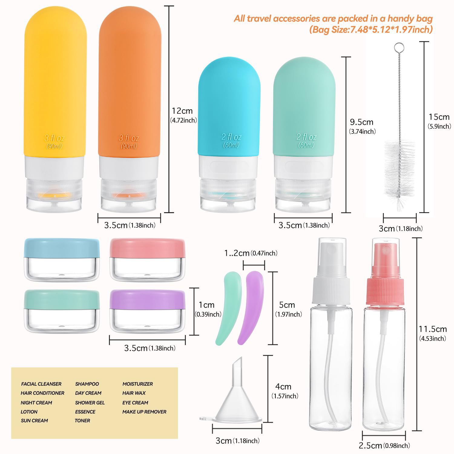 16tlg Reiseflaschen einstellen - Auslaufsichere Silikonbehälter - Nachfüllbar für Toilettenartikel, Shampoo, Lotion