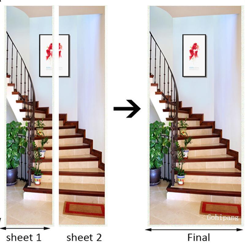 Modern Spatial Expansion Stairs 3D Wall Door Sticker Wallpaper Pvc Self-Adhesive Waterproof 3D Door Murals Home Decals