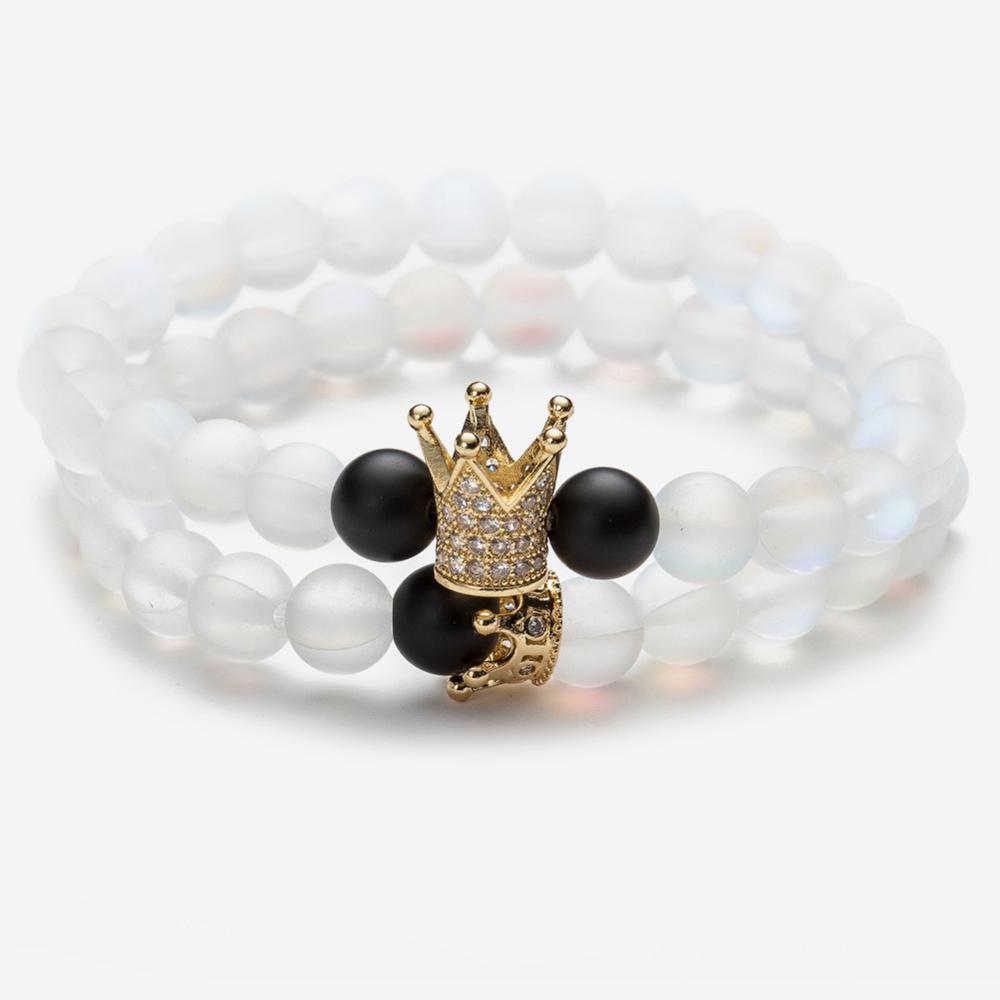 Couples Natural Stone Beaded Bracelet King Crown Shaped Round Cubic Zircon Charm Bracelet Lovers' Jewelry for Man Women: 3