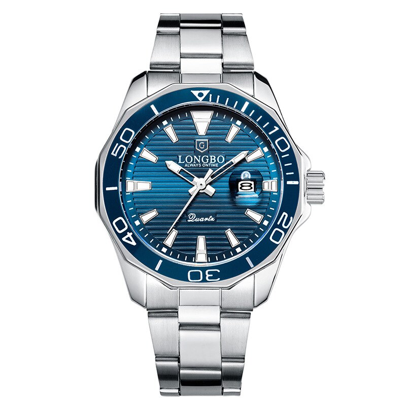 LONGBO Quarz Uhren Männer Beliebte Sport Armbanduhren Geschäft Edelstahl Wasserdichte Uhr Relogio Masculino: Silber- Blau