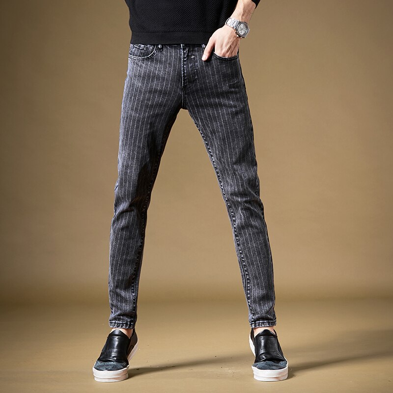 Mænds mandlige denimbukser jeans grå stribet tidevand mærke koreansk slank trend afslappet efterår bukser