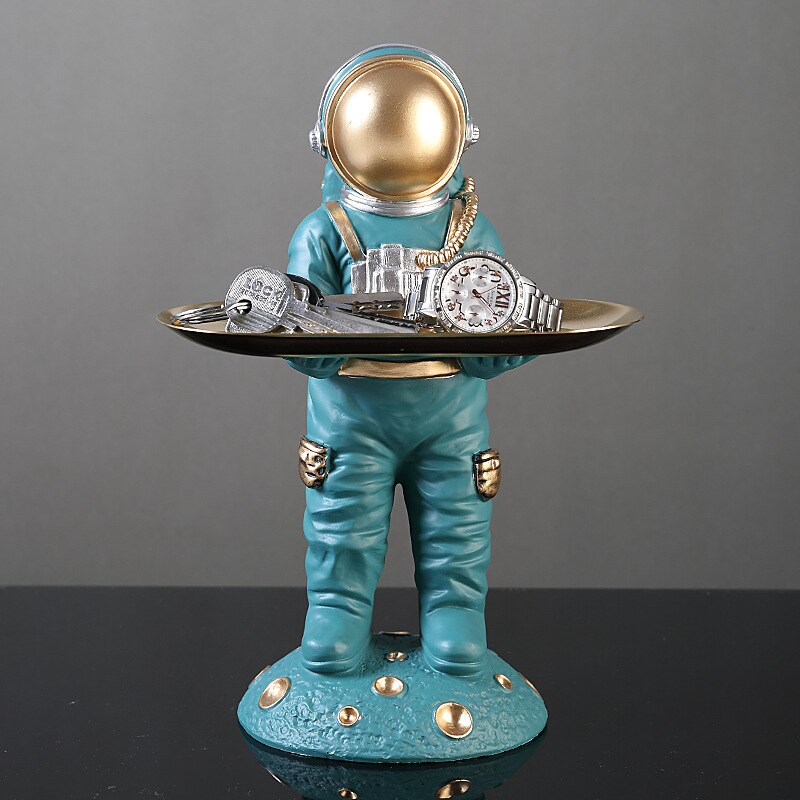 Leuke Astronaut Beeldje Met Lade Ruimte Man Hars Standbeeld Met Plaat Tafel Ornamenten Voor Thuis Tafel Decoratie Accessoires