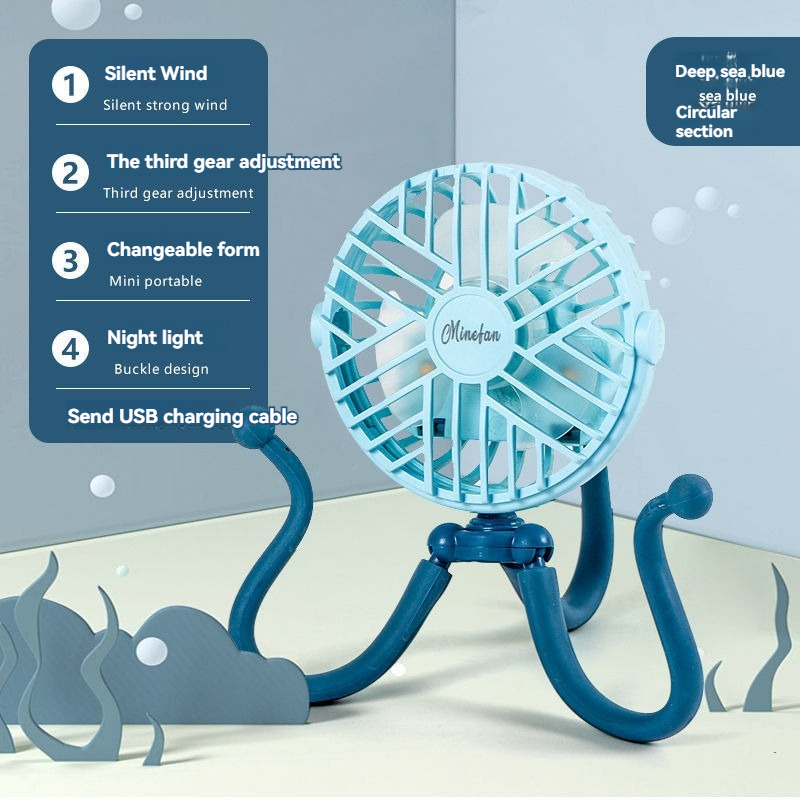 Ventilador eléctrico de pulpo recargable por USB, ventilador para cochecito, cuna, ventilador pequeño silencioso portátil: Azul