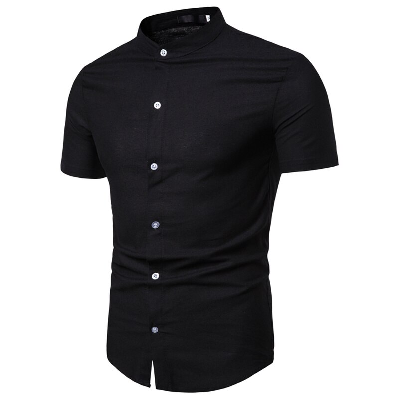 Sommar herr kortärmad solid slim fit stativ krage bomull linne skjorta vanlig plus size 3xl herrkläder