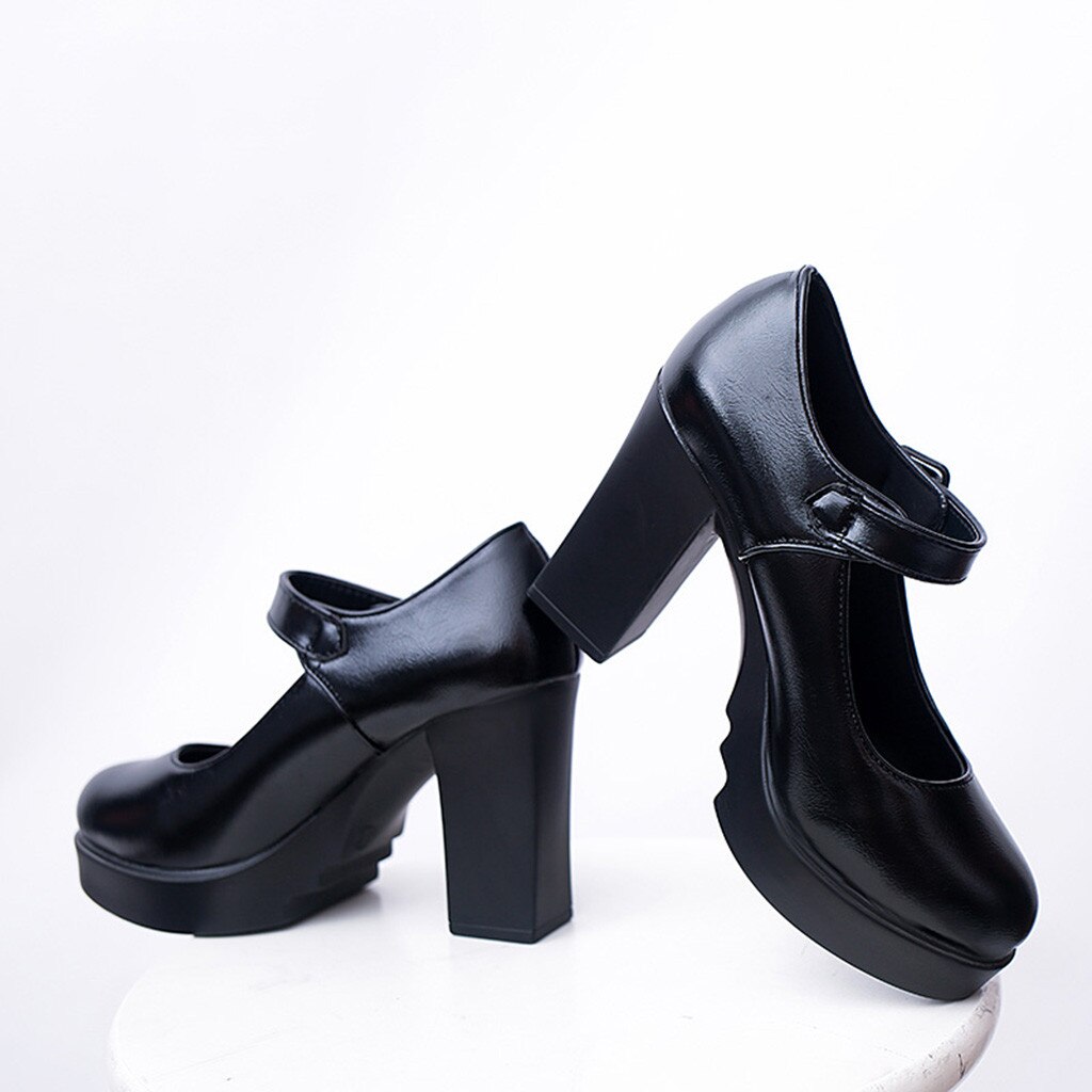 Vrouwen Klassieke Pumps Schoenen Lente Zomer Zwart Lederen Hak Pompen Schoenen Dikke Hakken Platform Pompen Enkel Werk Gesp Schoenen