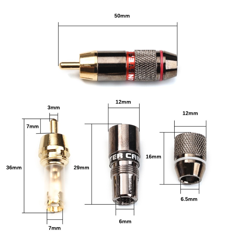 12Pcs Monster Banana Plug RCA Connector 6mm 24K Gold Plated Speaker Audio Adapter Wire Connector RCA Male Plug