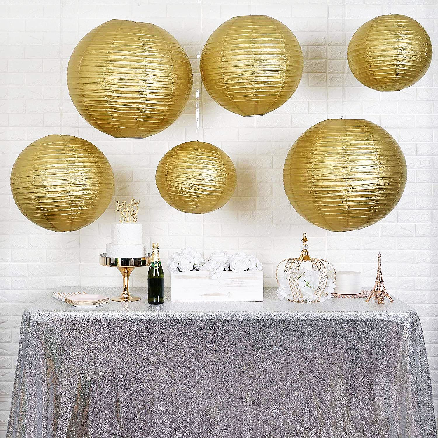 Linternas de papel de boda, lámparas chinas de 12 ", color dorado y plateado, para interiores, exteriores, fiestas, eventos, decoración artesanal colgante, 12 Uds.