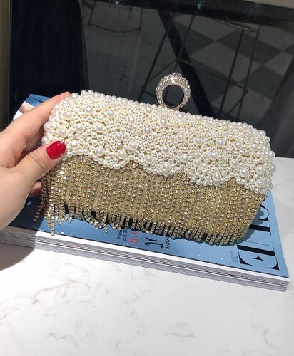 Style Clutch Crystal Women's Bag Tassel Mini Bag Banquet Bag Party Handbag Evening Bag Shoulder Cross-Body: Pearl Tassel Gold