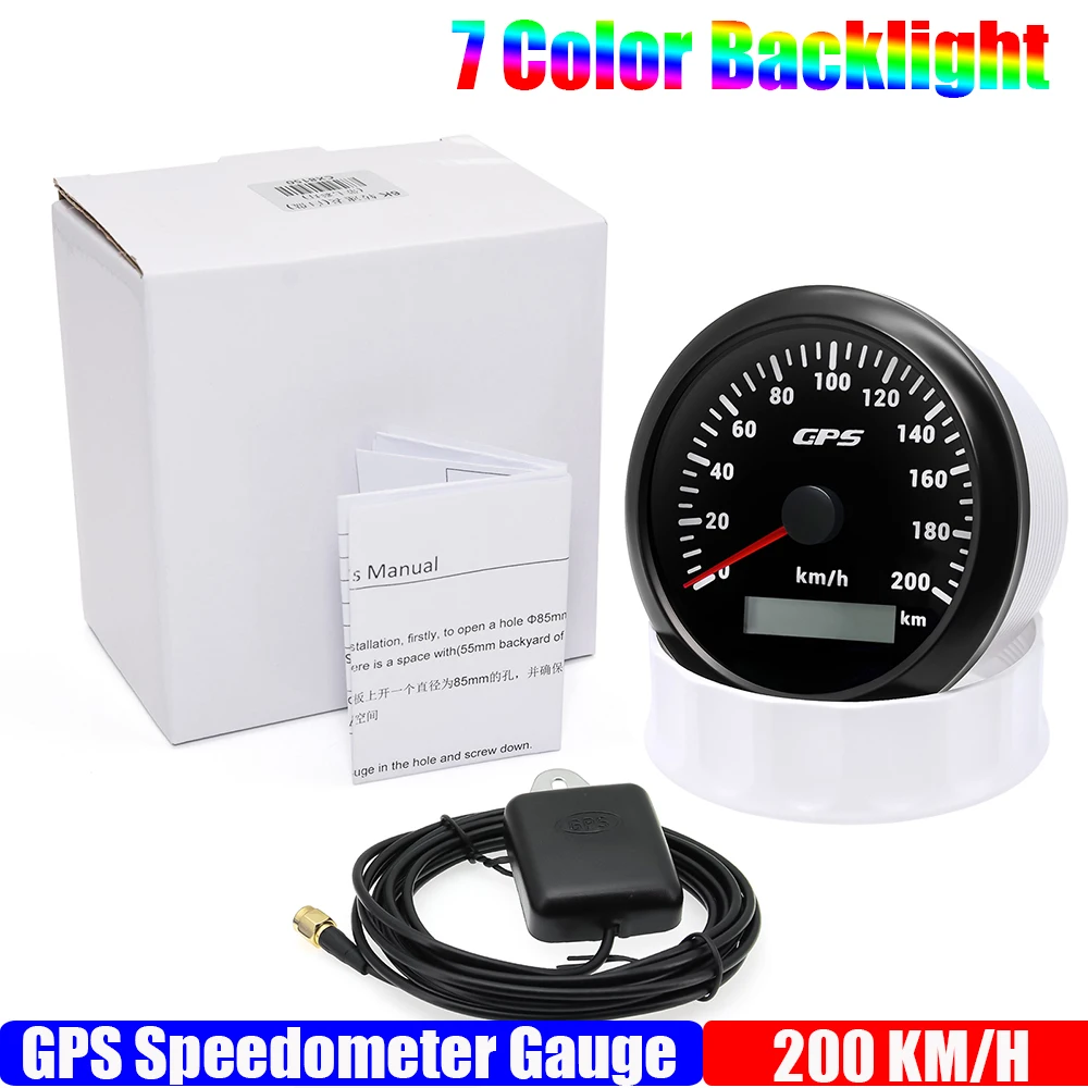 Velocímetro GPS de 85MM para Motor barco marino, retroiluminación de 7 colores, 30 ~ 200 KmH, medidor de velocidad para barco, coche y camión con antena GPS personalizada: Blanco