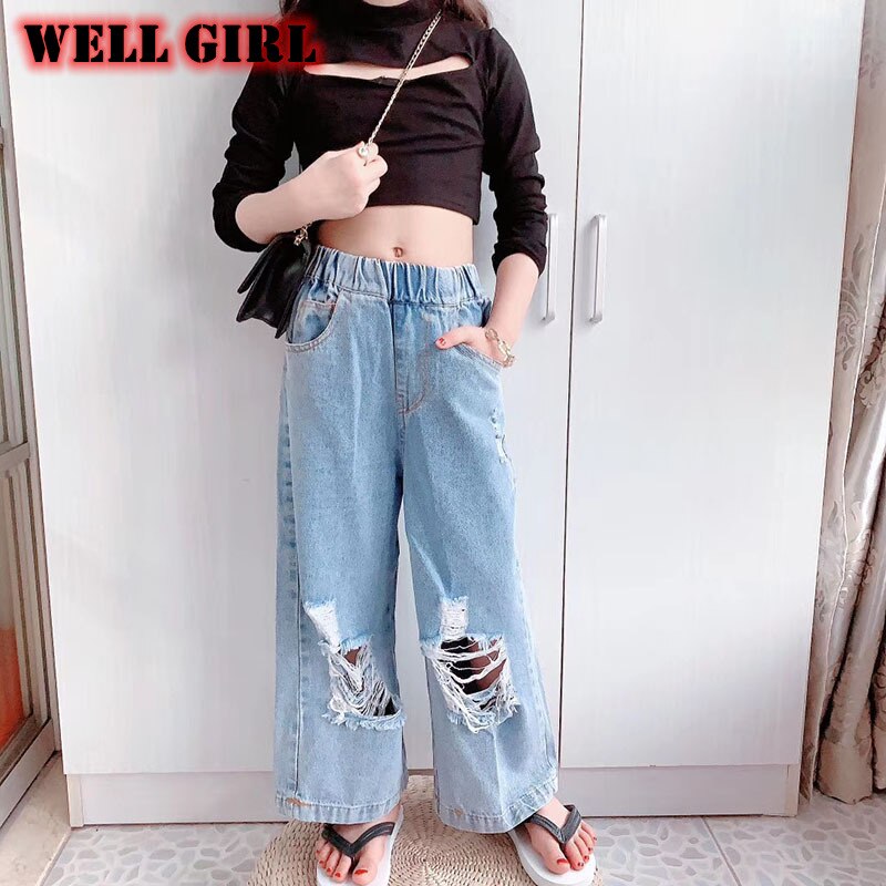 light blue ripped holes baby girl jeans pants denim straight trousers capris distressed hollow out toddler kids 3 to 12 yrs