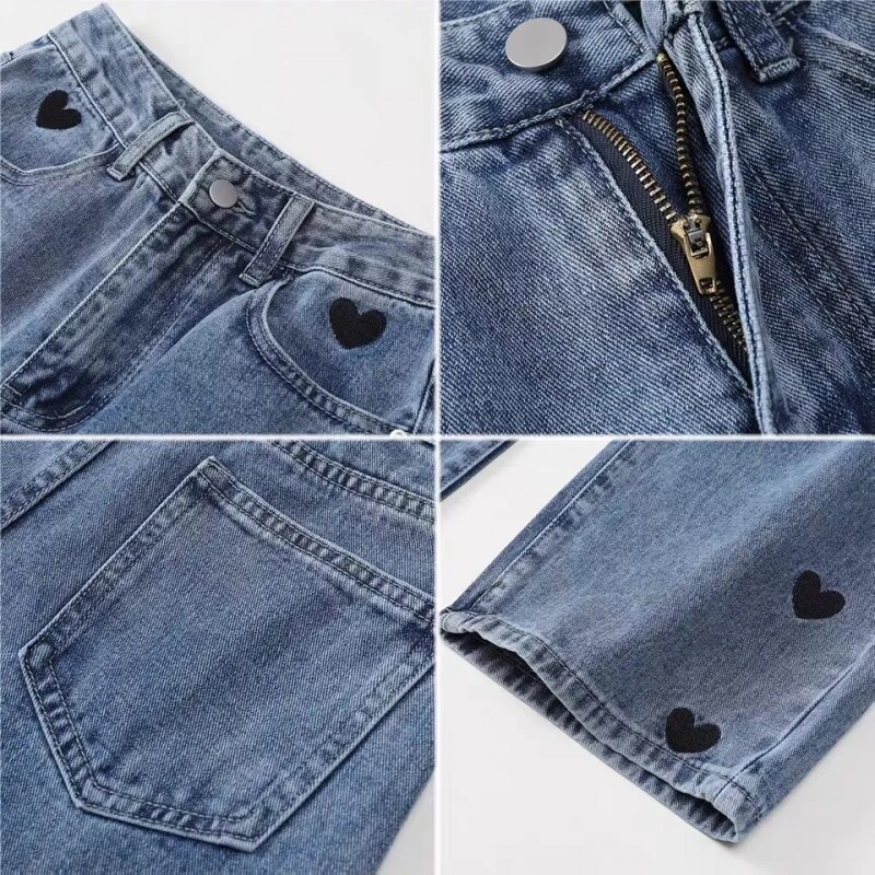 Jean Vintage imprimé en forme de cœur pour femme, pantalon en Denim, à jambes larges, droit, ample, à la , Y2K, Harajuku, automne hiver