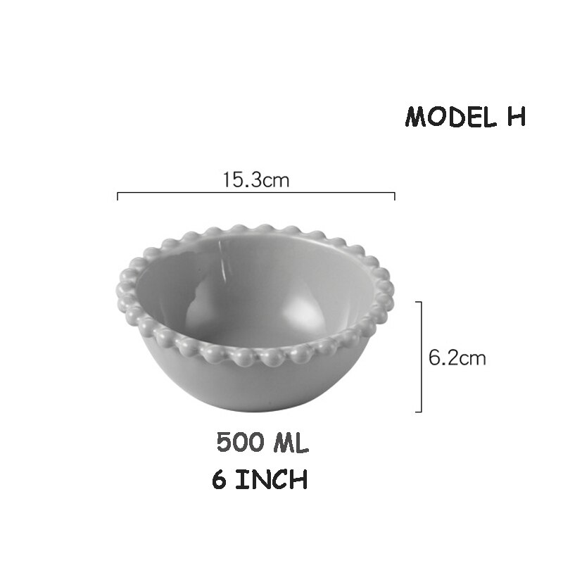 Nordic Pearl-Rim Plate Ceramics Dinnerware Set Steak Flat Tray Dessert Plate Salad Bowl Beaded Tableware Round Shape: H