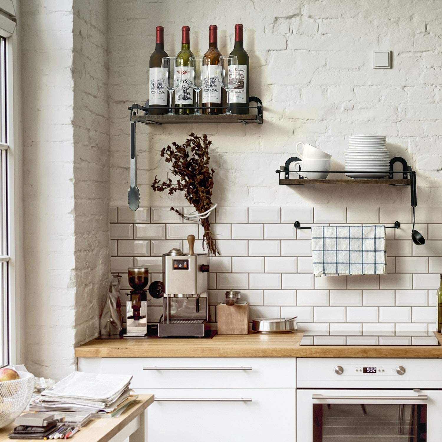 2Pcs Floating Shelves Wall Mounted Storage Holder Rustic Wood Wall Storage Shelves Organizer Kitchen Bathroom Storage Holder