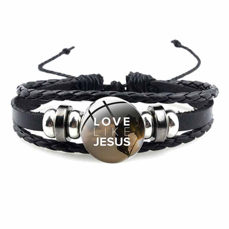 Bracelet avec symbole chrétien de poisson de jésus, bijou en verre fait à la main, Punk, en cuir tissé noir, bijoux manchette pour hommes et femmes: Or foncé