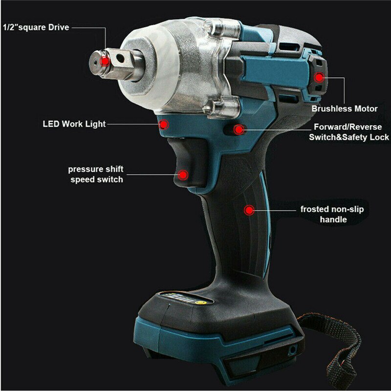 1/2 "360Nm Koppel Impact Elektrische Wrench Krachtige Draadloze Borstelloze Wrench Driver Slagmoersleutel Gereedschap Led Job Licht Boor Tool