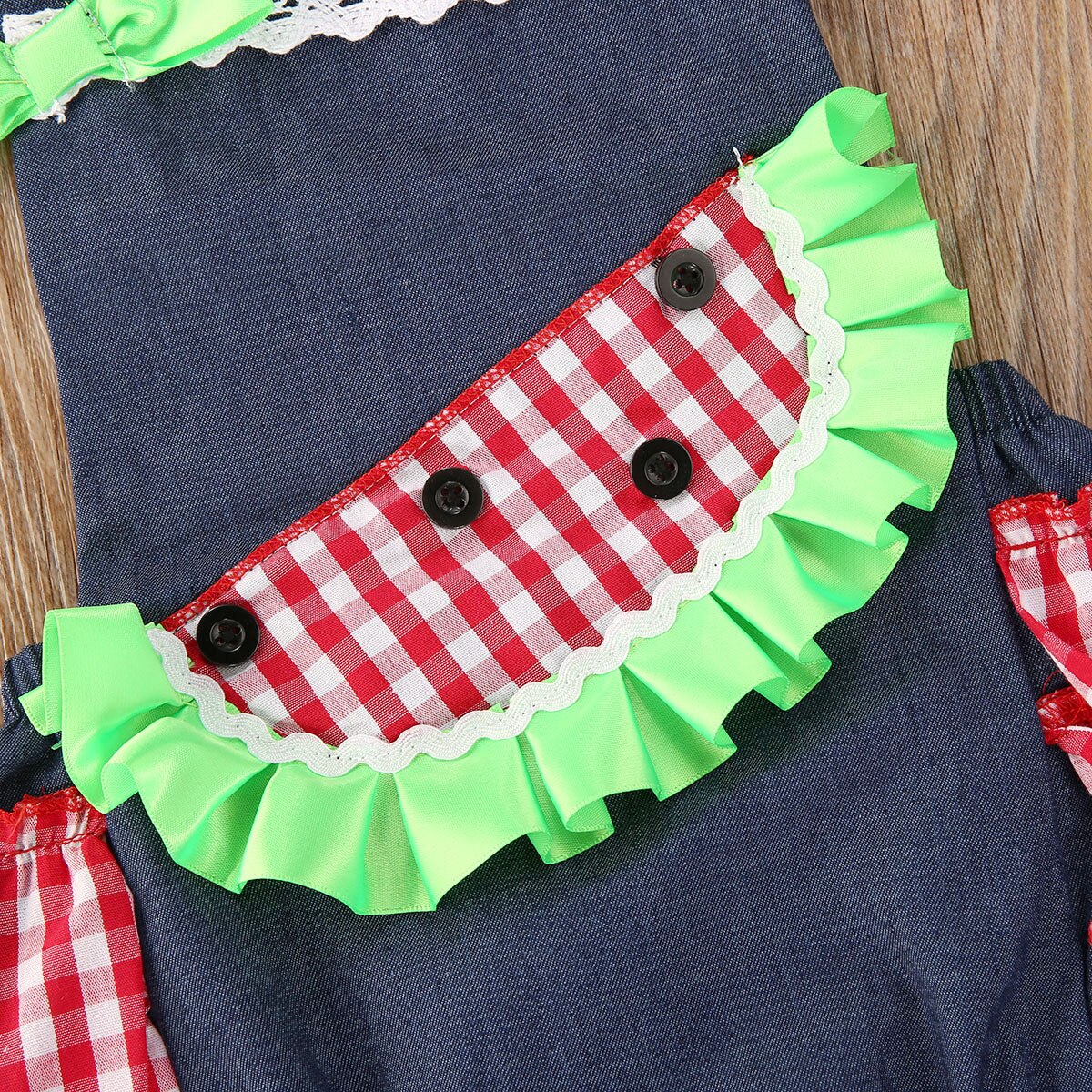 0-18m zomerse schattige babymeisjes-jongens bodysuits watermeloen geruite print mouwloze ruches jumpsuits hoofdband 2 stuks