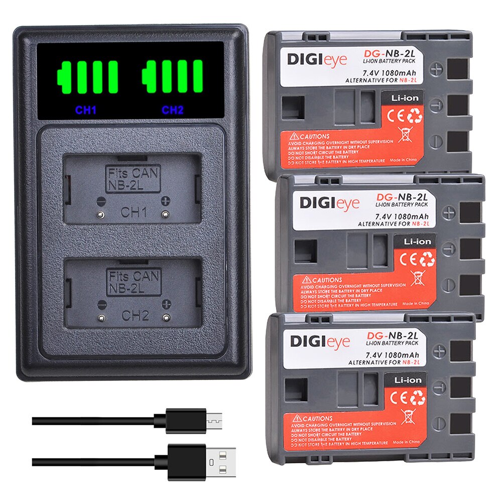 4Pcs NB-2L NB-2LH NB 2L NB2LH battery + LED Dual USB Charger Type C for Canon EOS 400D S80 S70 S50 S60 350D G7 G9 Rebel XT XTi: 3 battery set