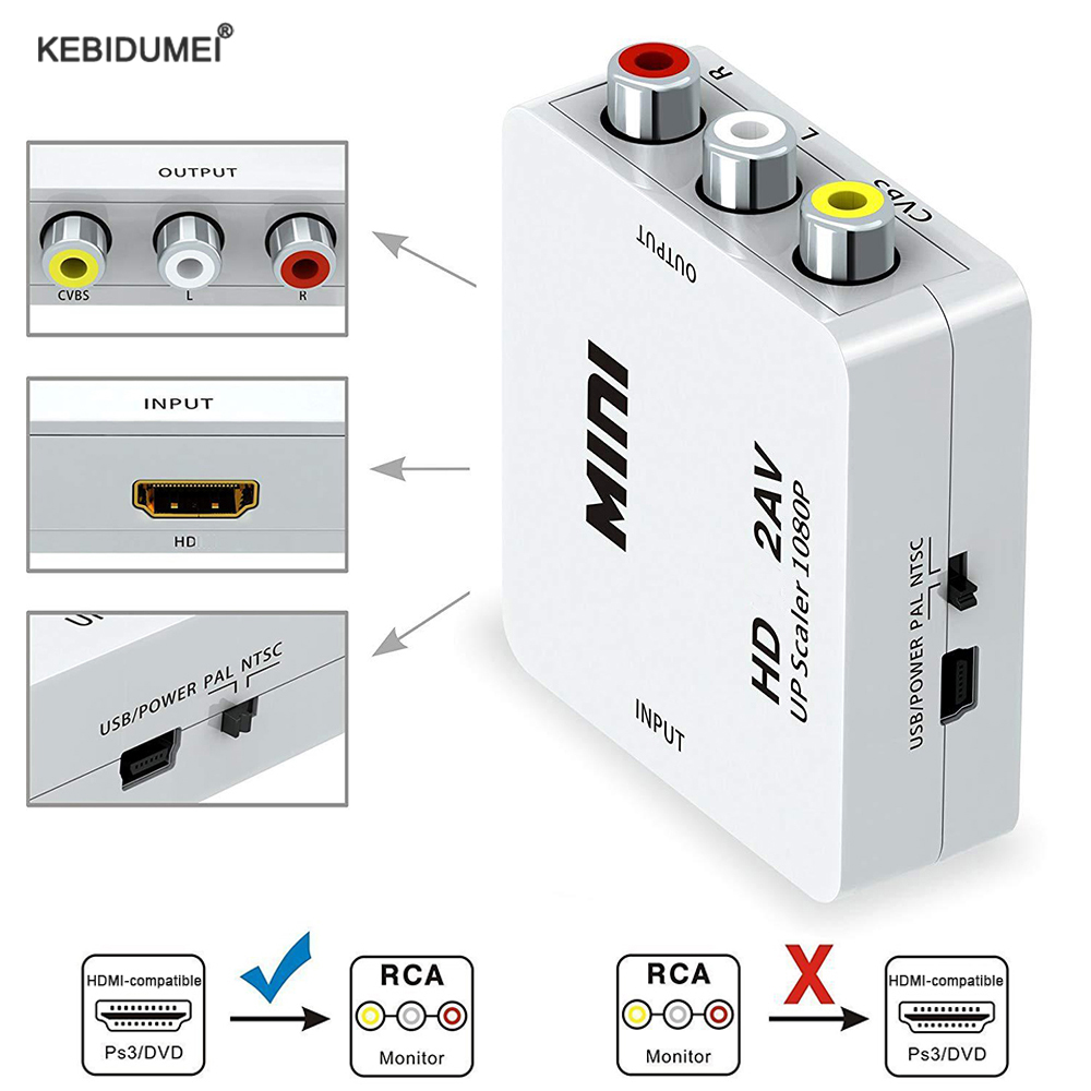 HDMI to RCA Converter 1080P HDMI to AV Converter HDMI Adapter Video Composite Converter HDMI Switch Support NTSC PAL HDMI2AV