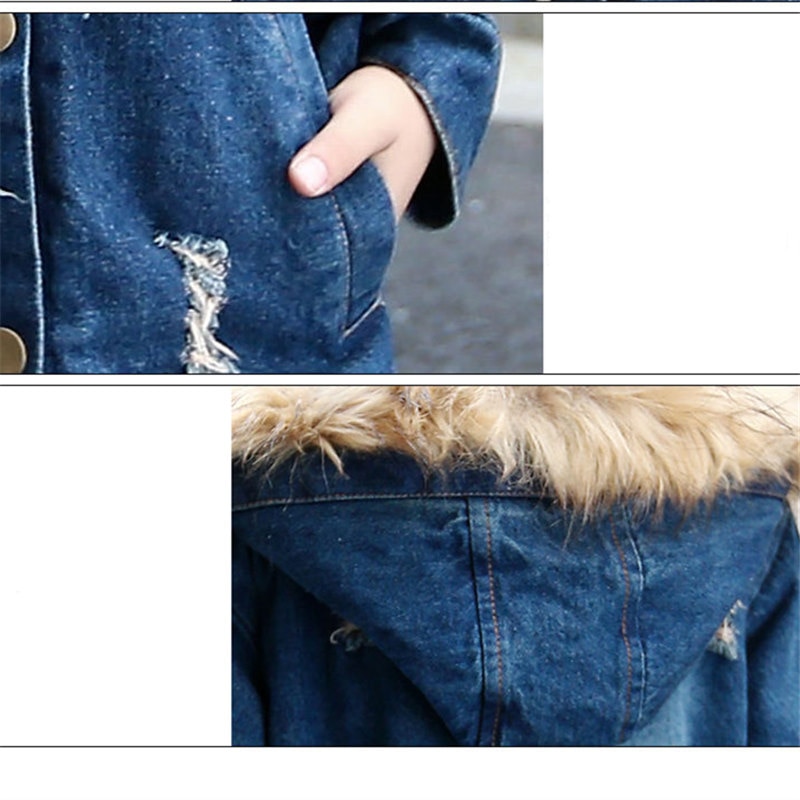 Denim Winter Jacket for Girls Children Coat Big Kids Faux Fur Coats Hoodies Jacket Warm Teenage Winter Jackets Clothing for Girl
