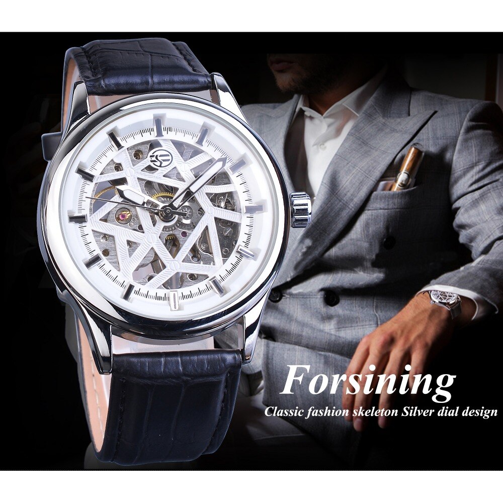 Forsining Koninklijke Luxe Mens Silver Versnelling Beweging Transparante Ster Oppervlak Open Werk Skeleton Mechanische Polshorloge