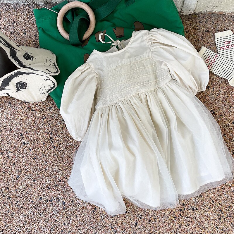 2022 Spring Korean Style Baby Girls Princess Dresses Puff Sleeve Solid Color Ball Gown Toddlers Kids Party Dress: 5T
