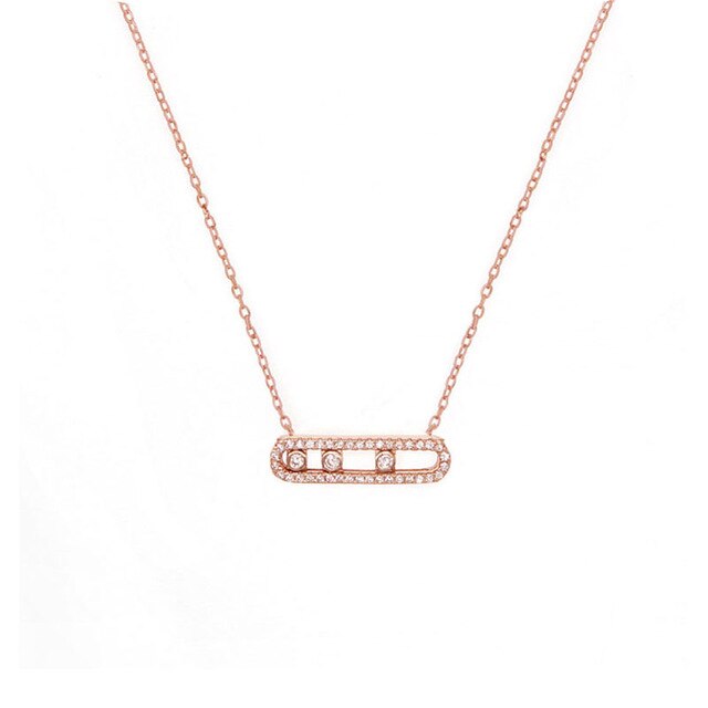 Plata de Ley 925 auténtica de francesa para mujer, pulsera con tres piedras movidas, CZ transparente, collar de joyería de mujer: Rose Color Necklace