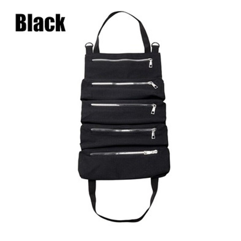 Multi-Purpose Tool Roll Up Bag Canvas Foldable Roll Pack Tool Bag Zipper Carrier Tote Working Storage Bag Waist bag: Black