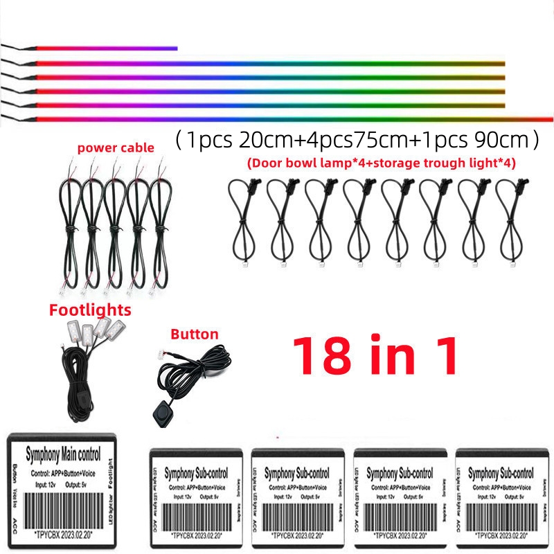 Full Color Streamer Car Ambient Lights RGB 64 Color Universal LED Interior Hidden Acrylic Strip Symphony Atmosphere Lamp 18 in 1